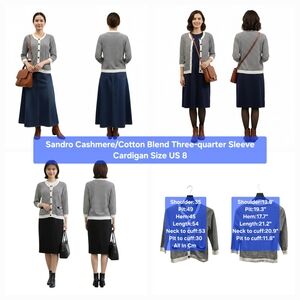 Sandro Cotton/Cashmere Blend Three-Quarter Sleeve Cardigan Size 6-8